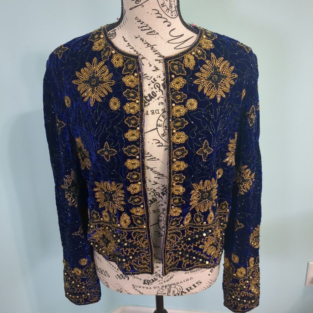 Vintage Adrianna Papell silk Heavily Beaded Sequin Jacket Blue Hook Front small